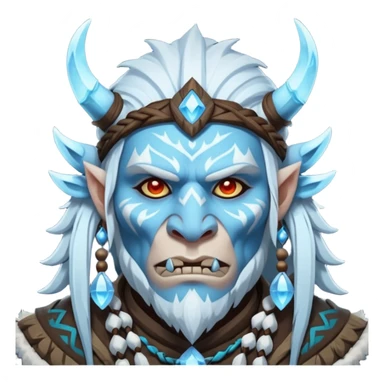 Fantasy Christmas orc shaman icon, ice spirit magic theme, glowing runes, winter tribal mask elements, mystical cold atmosphere, emoji sized portrait, male/female variant sticker
