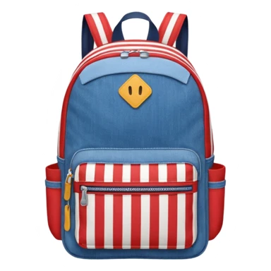  blue denim backpack with red, white, and navy stripes, similar to a Tommy Jeans design. Minimalistic, cartoon-like, front-facing."
 sticker