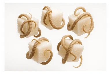 ZOLLETTE DI ZUCCHERO CON PARASSITI TIPO LA TENIA ARROTOLATE INTORNO AD OGNI ZOLLETTA, FLUTTUANO IN ARIA SU SFONDO BIANCO, IPERREALISTICO 4K sticker