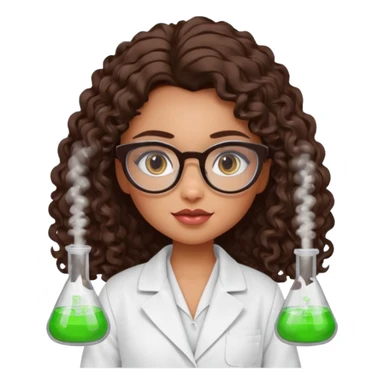 realistic bratz doll with long curly dark brown hair, glasses that are round cat eye vibes, in a lab coat mixing beakers that glow sticker