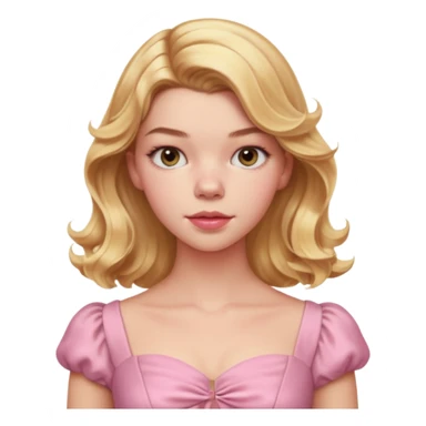 Cinematic Realistic Anya Taylor Joy Portrait, depicted with lifelike skin texture, subtle rosy undertones, and soft natural lighting that enhances the sweet blush contours of her face. Her intricately detailed golden blonde hair is elegantly wavy, and pink dress corquette sticker