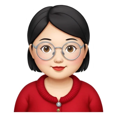a little smile chubby asian waman wear thin siver circle glasses round eyebrow medium black hair wear red Cashmere knit sticker