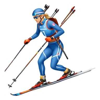 An icon featuring snow-covered trees, distant mountains, and a clear blue sky with a biathlete in motion, holding a rifle and skiing across a snowy course. Transparent background highlights the precision, endurance, and excitement of biathlon. sticker