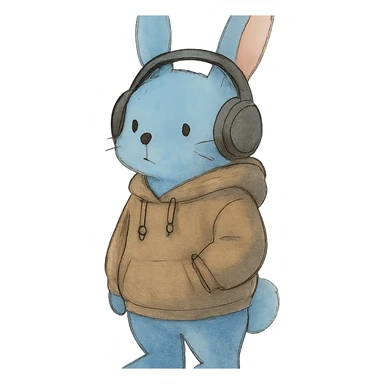 blue bunny in hoodie, one paw in pocket, headphones on, soft Ghibli style sticker