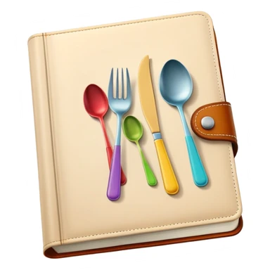 Colorful closed recipe book with a fork and spoon symbol on the cover, cookbook icon sticker