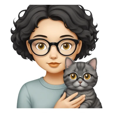 Young woman with oval face and warm yellow-toned skin, black wavy hair, thin-framed glasses, holding a grayish-white Munchkin cat with short legs and charcoal-gray marking under its mouth sticker