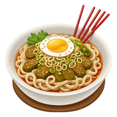 Wuhan hot dry noodles with sesame paste and pickles, simplified emoji style with bold outlines and bright colors, cartoon style Hubei breakfast Re Gan Mian sticker