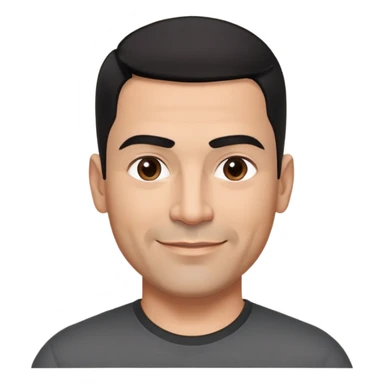 Athletic Hispanic man in his 40s-50s with light brown skin, very short black hair with low fade haircut, square face with strong jawline, thick straight eyebrows, wide straight nose, medium lips with confident smile, broad shoulders, wearing black fitted t-shirt sticker