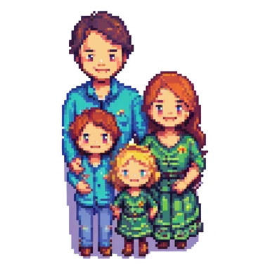 a family of four smiling together, pixel art style, simple background sticker