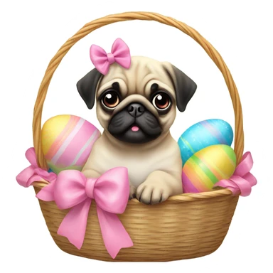 Baby pug with big pink
eyes wearing a pink bow sitting in an Easter basket  sticker