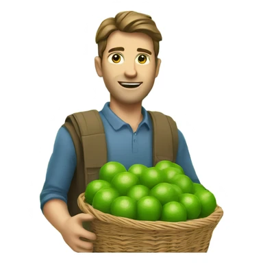 A white man with brown hair and tall carrying many limes in his hands in a supermarket. Make it so the limes are nearly overflowing the basket  sticker