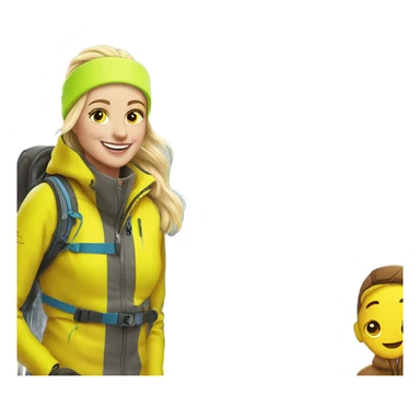 smiling blonde in outdoor jacket ski mountains behind me skiing passing a guy with a bright yellow fluorescent ski jacket with brown pants sticker