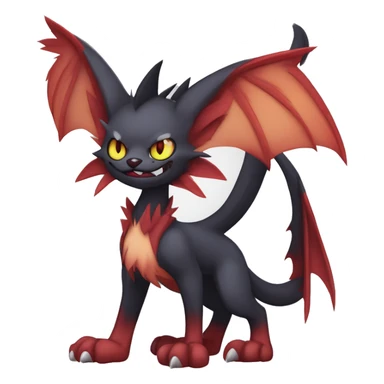   cool edgy fantasy anime-style dark animal vampiric Litten-Zoroark-Nargacuga-cat-hybrid Fakemon with big fangs and bat-ears full body sticker