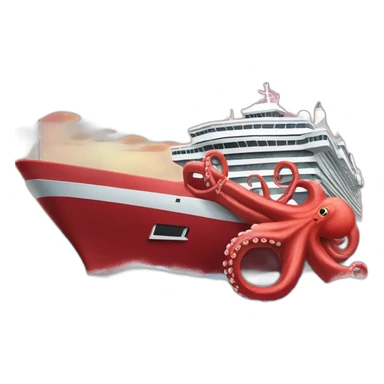 red cruise ship being enveloped by octopus sticker
