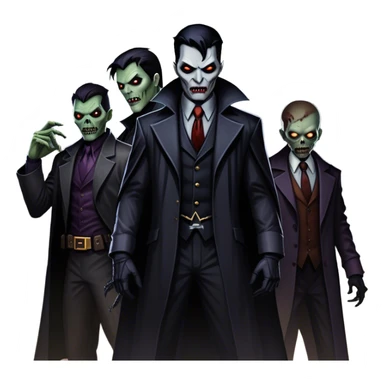Icon for Thriller Movies: A large, dramatic collage featuring sinister villains and zombies in dark clothing. The background shows the gloomy cityscape of Gotham with dim lighting and eerie shadows. The atmosphere should be tense, mysterious, and suspenseful. Transparent background. sticker