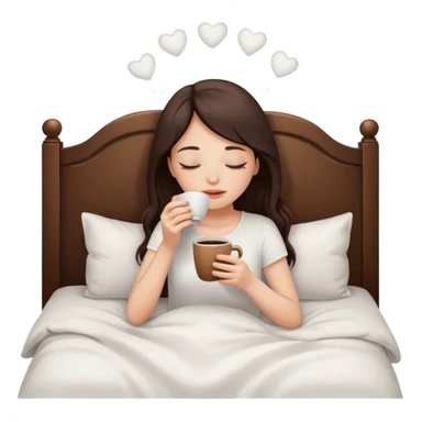 Brunette white skined girl who closes her eyes and smells coffee while drinking coffee in her white bed sticker