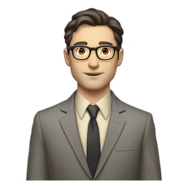 Full height Pale skinned Fit Man With dark brown hair in classic gray suit, beige office shirt, dark gray tie, and vintage glasses. Thrumbs of his palms directed up sticker