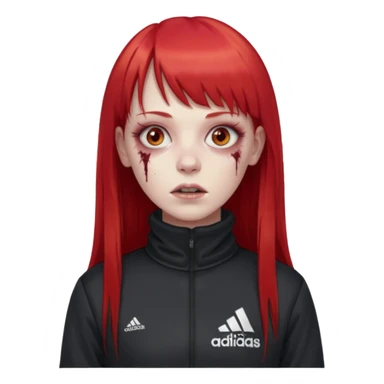 Crie um emoji de uma menina zumbi  com o cabelo vermelho longo com uma franja reta casaco de gola alta da adidas sticker