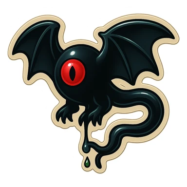 an all black reptilian bat-like creature. One cyclopian red eye in its face. no visible mouth or ears. 2 hind legs with claws. has a long tale with a stinger that drips green poison sticker