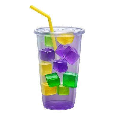 Realistic see through plastic cup and lid with half full Transluscent yellow, green ,purple soda,straw and large ice cubes inside. sticker