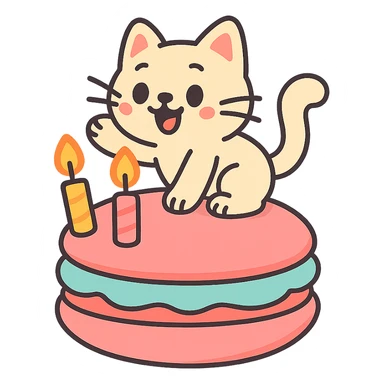 kitten riding giant macaron with candles, pastel-toon style sticker