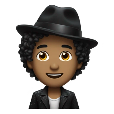 A man with light skin a small nose curly black hair with a curl coming down his face with a sparkly black jacket and a black fedora sticker