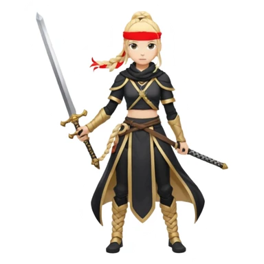 Aether (from Genshin Impact) with black and golden clothes, white scarf, long blonde braided ponytail, with a sword (full body) sticker
