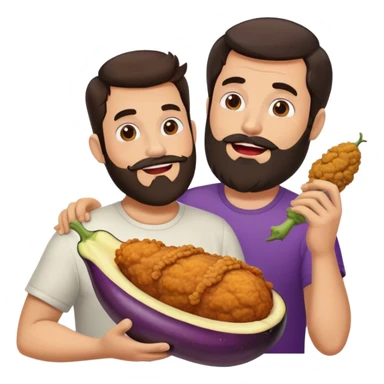 chicken and man with dark hair and beard eating a large eggplant sticker