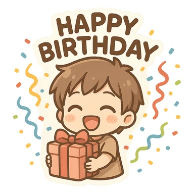 happy birthday, gift box, streamers, celebration sticker