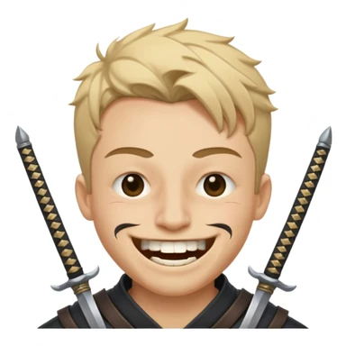 Haz que tenga una sonrisa epica una cicatriz en el ojo serrado y una espada entre los dientes y dos más a cada lado sticker