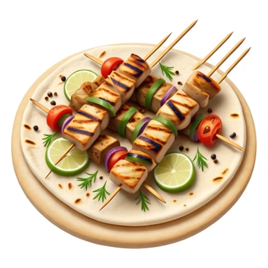 cinematic-realistic-souvlaki-dish-emoji,-showcasing-skewered,-grilled-chicken-with-mediterranean-spices-rendered-with-dynamic-textures-and-warm,-appetizing-lighting on pita bread sticker