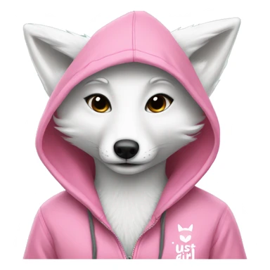 White fox wearing a pink hoodie with pink writing saying just a girl sticker