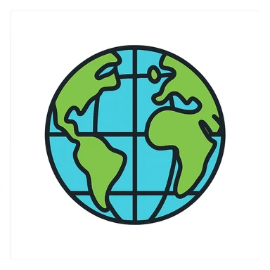 globe icon with detailed landmasses, water, and grid lines, lineal color style with black outlines sticker