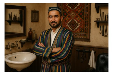 uzbek sartaroshi qo'lini qovushtirib turibdi yon taraf sal pastroq rakusdan sticker