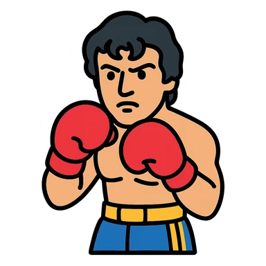 Rocky Balboa inspired by Sylvester Stallone, in boxing stance, red gloves, determined look, stylized illustration sticker