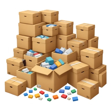 Generate a realistic emoji-style of a overfilled storage room where the packages dont have much space and everything seems chaotic sticker