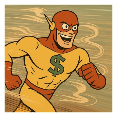 Depict the superhero in a running pose with exaggerated speed lines, blurred background, and dynamic wind effects to emphasize velocity. The dollar sign should remain clear and distinct. sticker