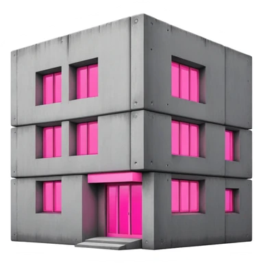 brutalist gray concrete block building with one neon pink window and several regular windows sticker