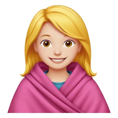 happy smile emoji red cheeks in pink blanket dark yellow hair sticker
