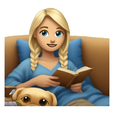 Chica rubia de ojos azules en un sofá tapada con una manta marrón mientras lee un libro sticker