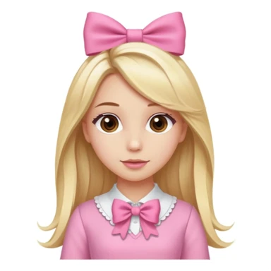 Create a custom emoji of a coquette-style girl with long blonde hair, brown eyes, fair skin, wearing a pink outfit with a cute bow in her hair. sticker