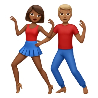 two people dancing together, one wearing red and one wearing blue sticker