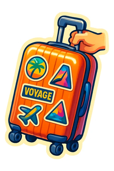 ribbed travel suitcase with handle and wheels, shown at a slight angle or being held in a hand, retro sticker style with color, bold outlines, sharp blocky shadows and highlights, no gradients, decorated with colorful travel stickers, emphasize crisp graphic light and shadow shapes sticker