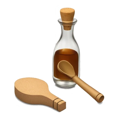 bottle of vinegar with the cork and a nozzle; spoon is laying neat the bottle sticker
