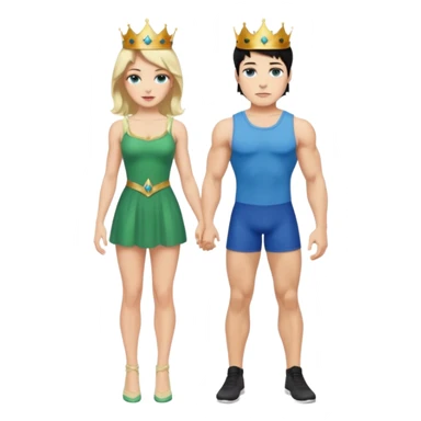 Prince with crown, black hair, body, legst, blue eyes, woman blonde hair, green eyes, sexy white short sleveless dress,  sticker