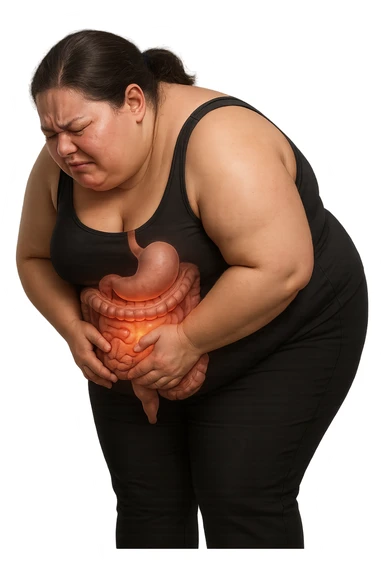 DONNA OBESA PIEGATA IN AVANTI CON INTESTINO ANATOMICO IN EVIDENZA, MAL DI PANCIA iperrealistico 4k sticker