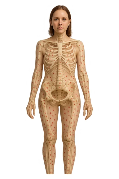 donna realistica a figura intera con red spot sparsi alle ossa, ossa del corpo visibili sul corpo, non sul volto iperrealistico 4k sticker