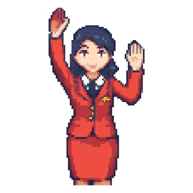 Remove the hat from the flight attendant, keep the red uniform, in the style of pixel art emoji style. sticker