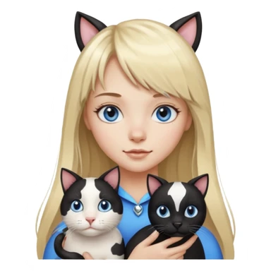 One  cat black and white stain like a cow in the arms of long blond hair girl with bangs and blue eyes sticker