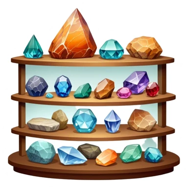 Icon for Mineral, Stone & Fossil Collecting: a display of various colorful minerals, gemstones, and fossils, arranged neatly on a table or shelf. The icon should reflect the beauty and scientific interest of collecting natural specimens. Transparent background. sticker